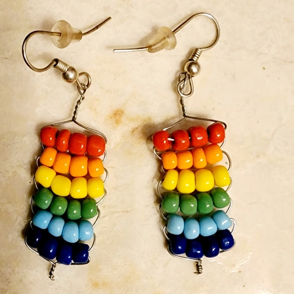 Red Orange Yellow Green Light Blue Dark Blue Purple Rainbow Seed Bead earrings - Picture 2 of 4